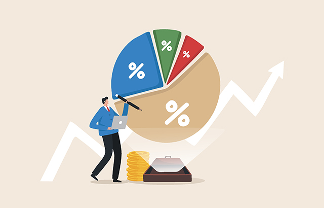 Financial Report. Reviewing investment portfolio. Adjusting portfolios from raising interest rates from the federal government or FED. Inflation, stock markets, funds, cryptocurrencies. Investors check their investment assets.