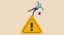 Mistake caution, business risk or problem warning, failure prevention or avoid danger concept, cautious businessman slip falling on exclamation symbol beware, careful caution sign.