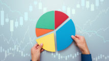 Investor managing portfolio. Pie chart and candlestick charts.