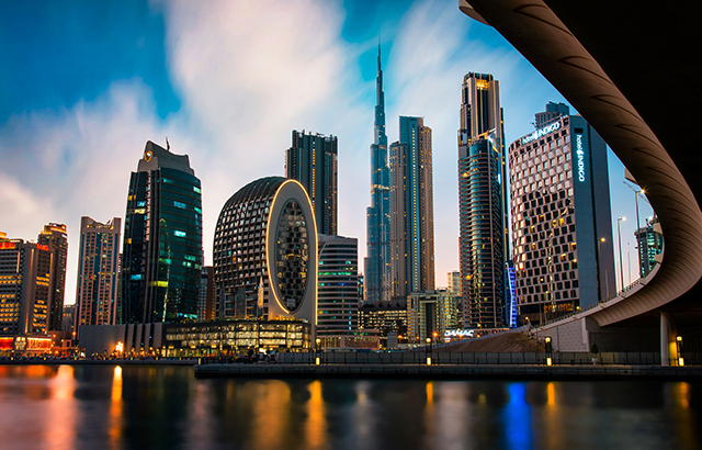 Dubai modern architecture landmark skyline view from the Marasi marina in city Business bay downtown area in the United Arab Emirates