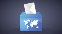 Illustration of a blue ballot box with a world map