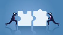 Vector illustration. Team work business concept. Two businessman working on to match puzzle. Pushing to connecting puzzles together.