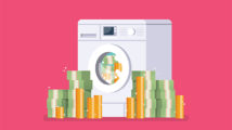 Washing machine laundering money. Business corruption concept.