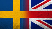 National flag of United Kingdom (Great Britain) Union Jack with The Kingdom of Sweden national flag. Grunge background